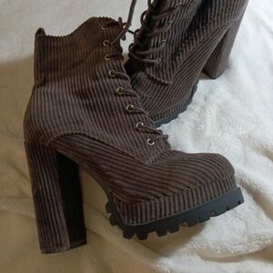 Wild Diva Dark Brown Corduroy Lace-Up Platform Ankle Boots